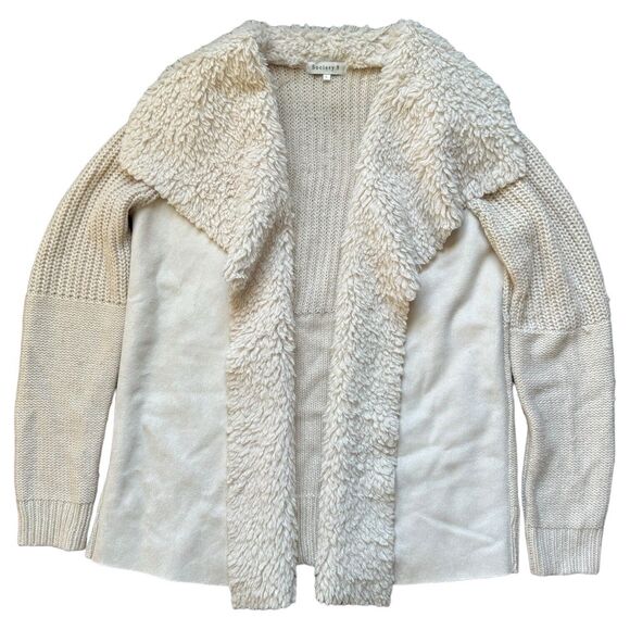 Society 8 Womens Large Jacket Open Front Fleece Collar Faux Suede & Knit Sweater - Picture 2 of 12